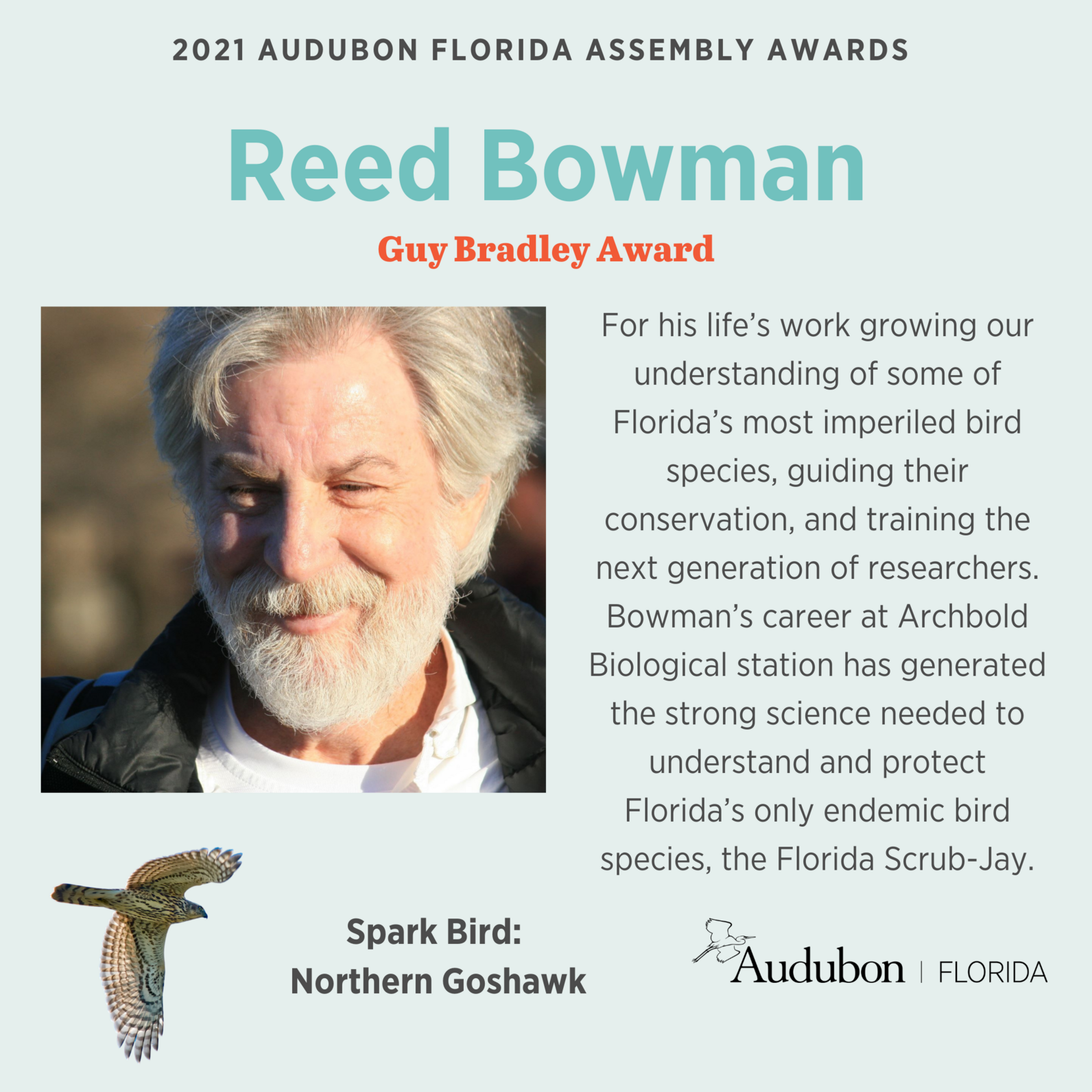 A graphic of Reed Bowman with his headshot, his favorite bird (Northern Goshawk), and repeated language from above about why he won the award.