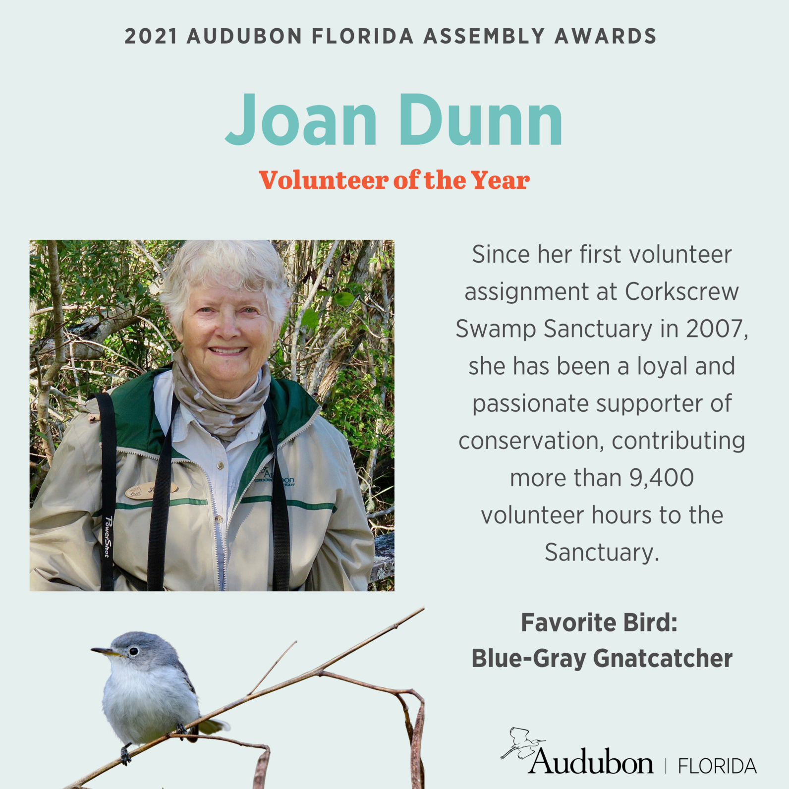 Joan Dunn assembly award graphic, featuring a photo of Joan, her favorite bird (the Blue-Gray Gnatcatcher), and a restatement of why she won the award.