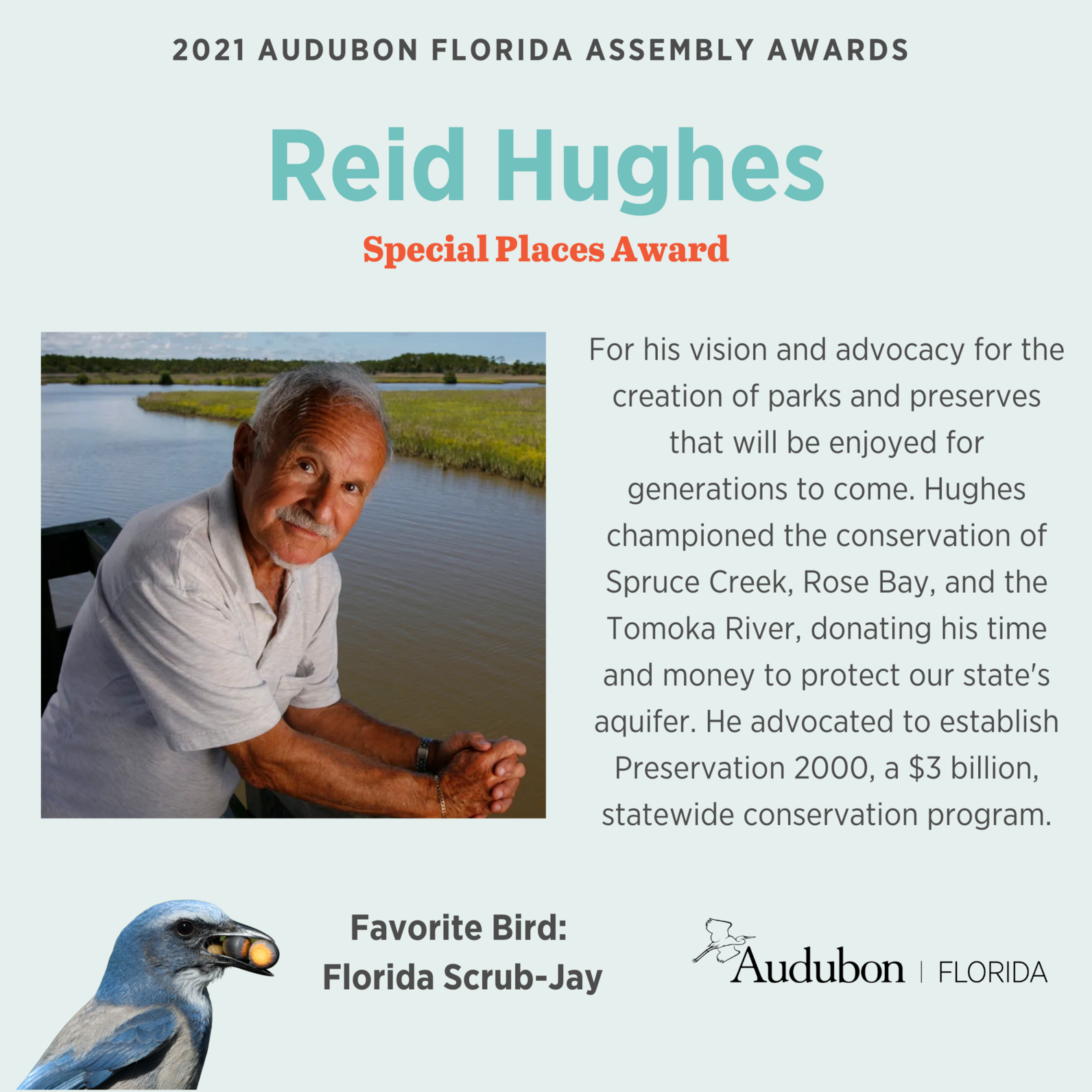 Graphic of Reid Hughes, with his favorite bird - a Swallow-tailed Kite - and repeated language from the article about why he won the award.
