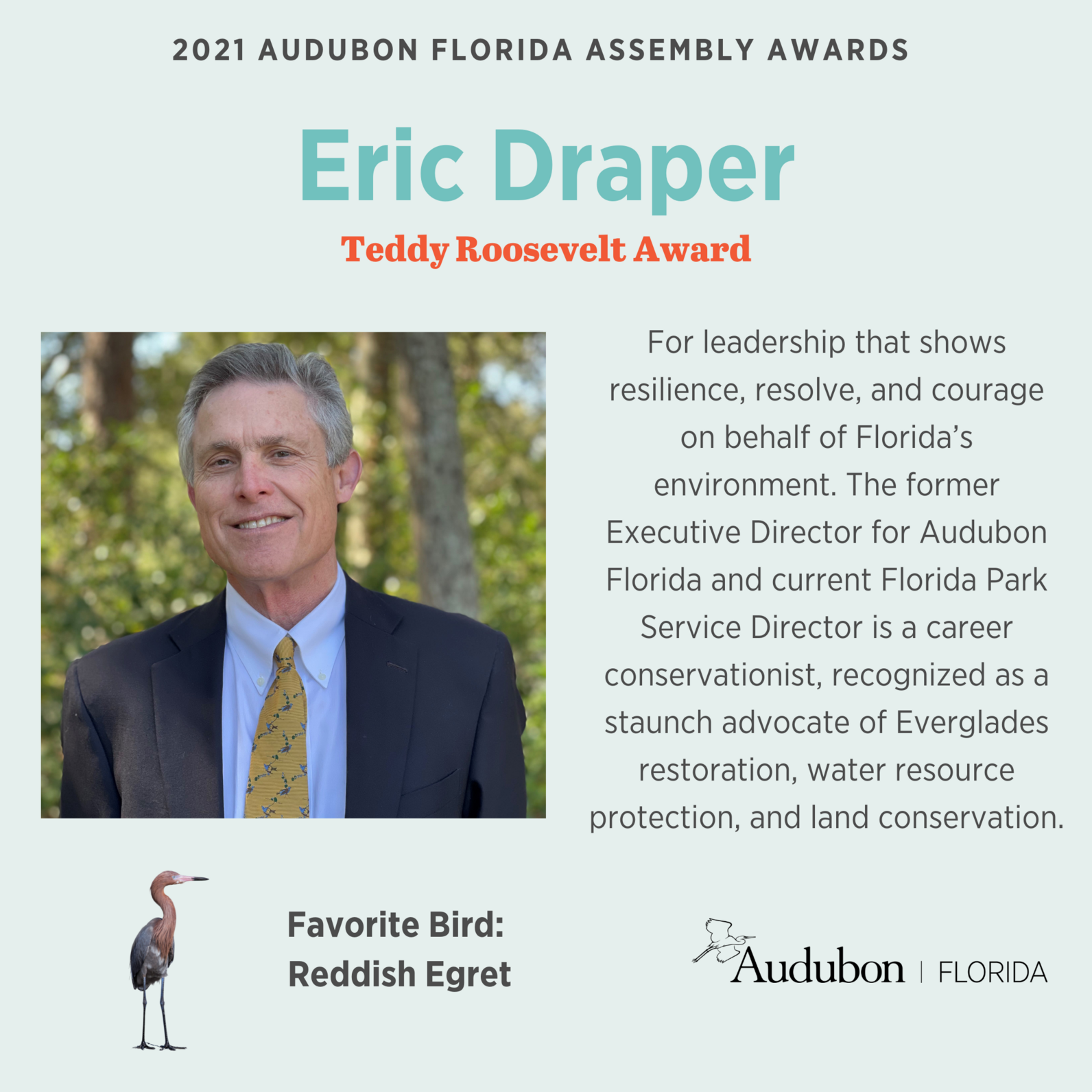 Graphic of Eric Draper, with his favorite bird - a Reddish Egret - and repeated language from the article about why he won the award.