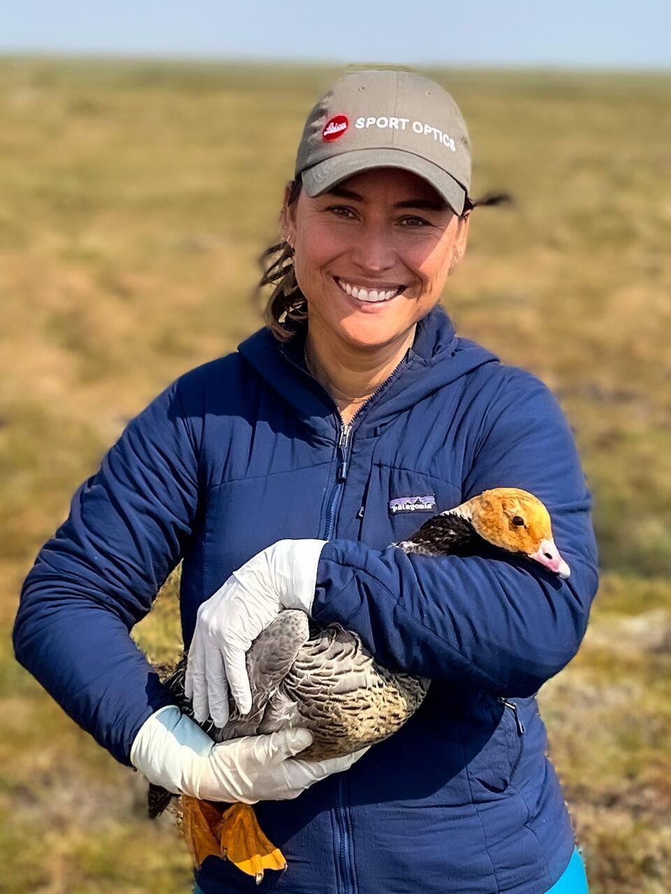 A woman holds an Emperor Goose.