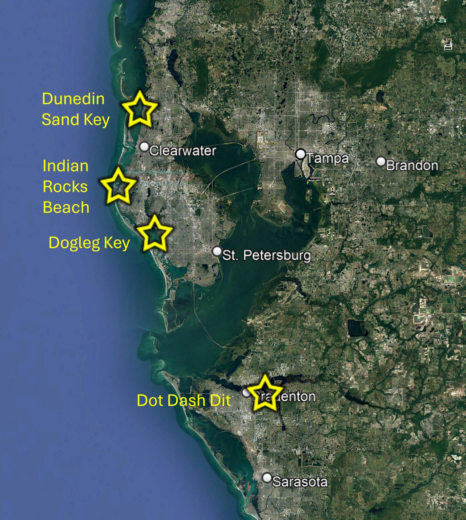 Map graphic showing the Tampa Bay region with 4 stars on breakwater locations.