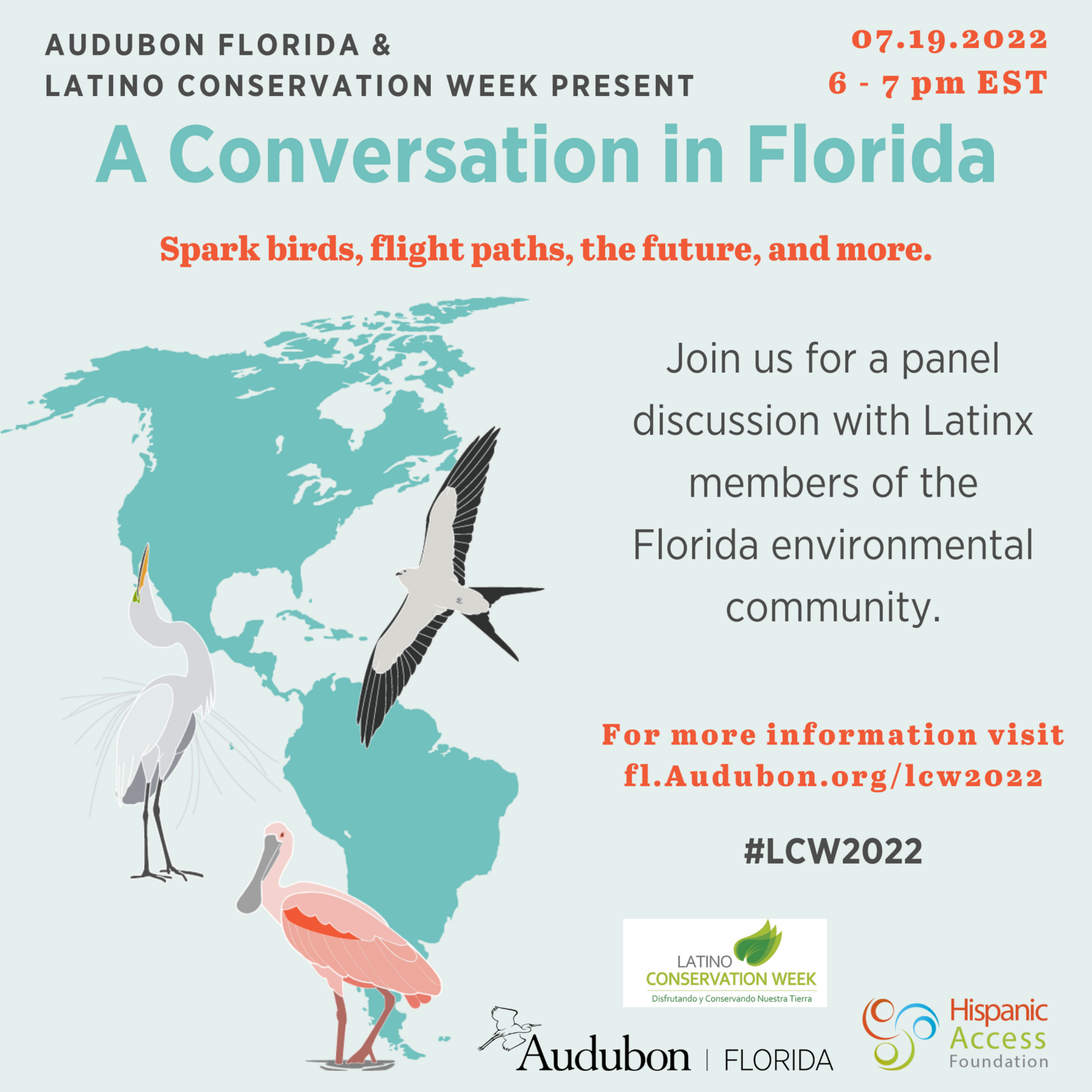 A graphic depicting the Latino Conservation Week panel discussion. Join us for a panel discussion with Latinx members of the Florida environmental community. July 19 from 6-7 pm.