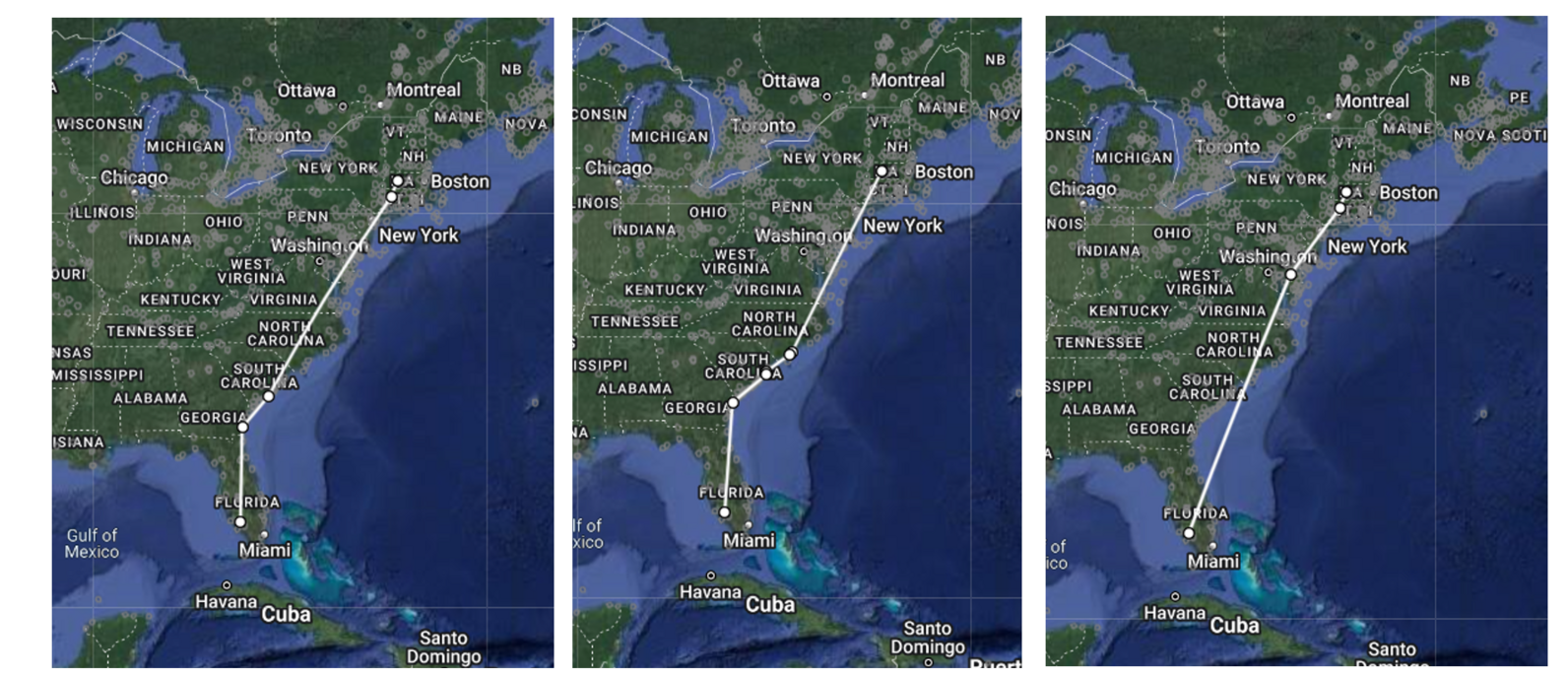 Three maps showing similar tracks from Massachusetts to Florida.