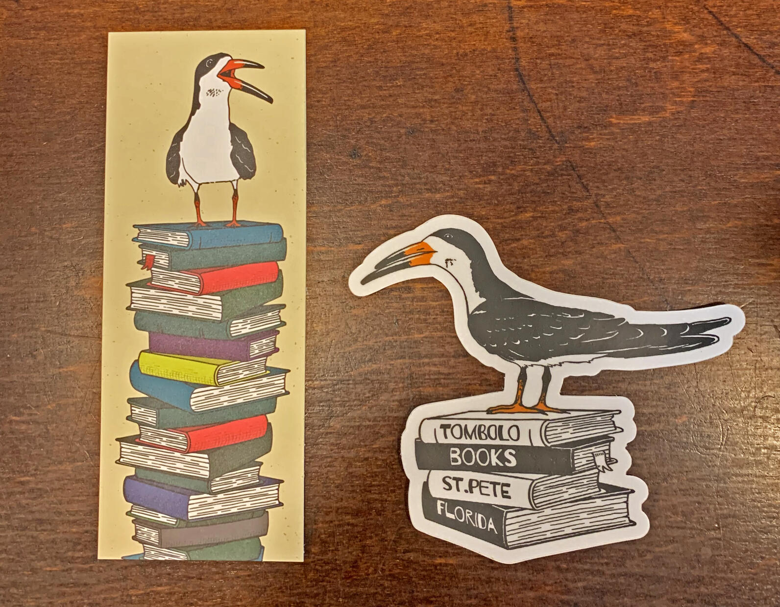 Skimmers on the Tombolo Bookstore stickers.