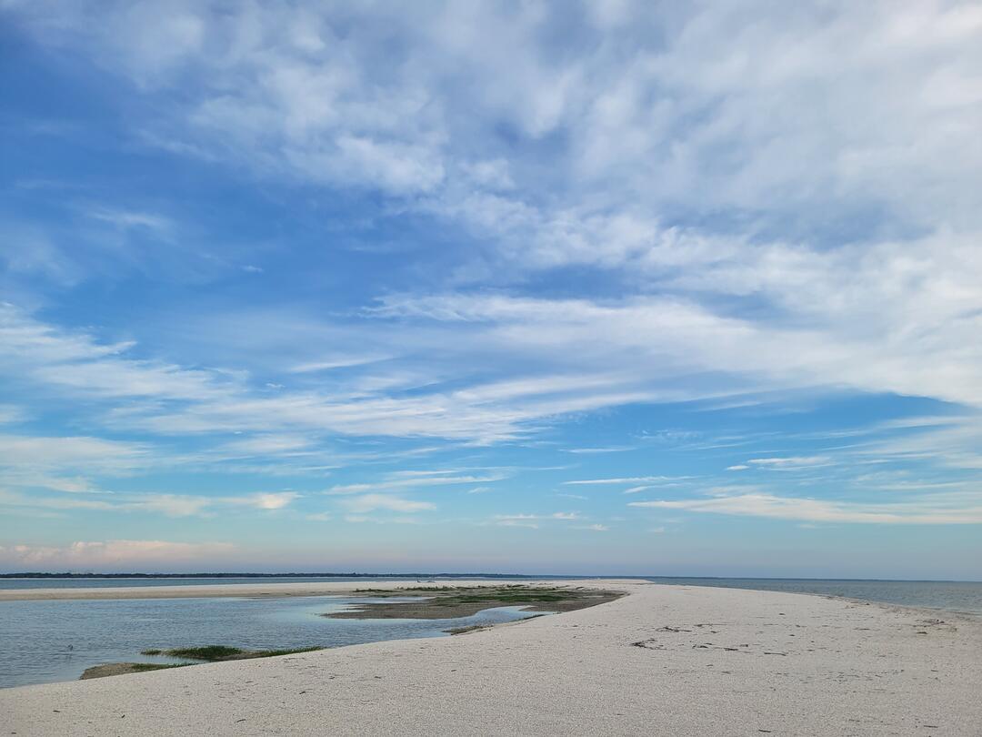 a beach under a blue sky