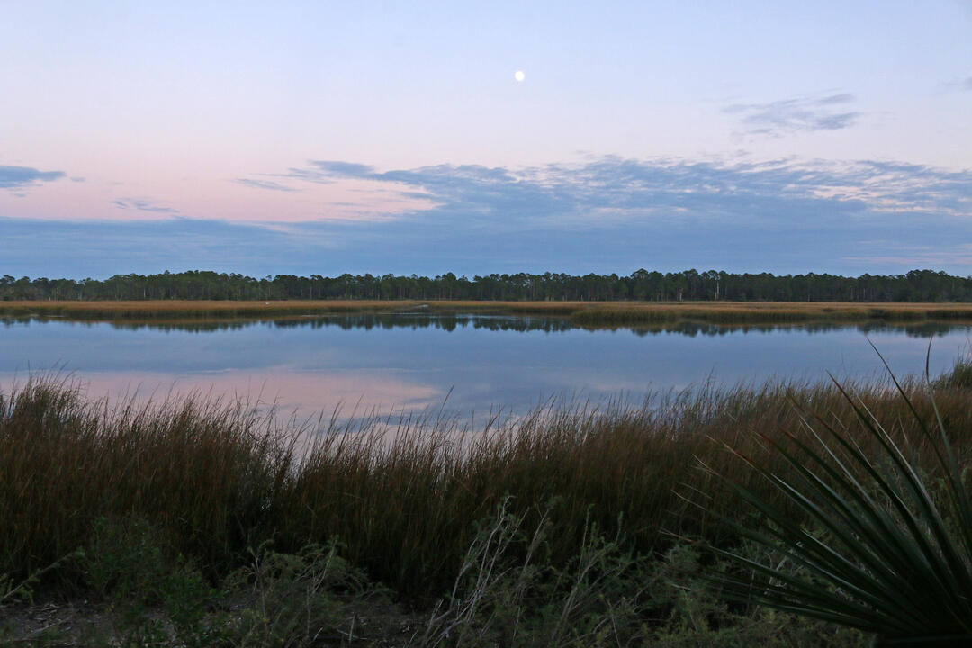 Pumpkin Creek at sunset, with marsh grasses in the foreground and a pink sky reflected in calm water.